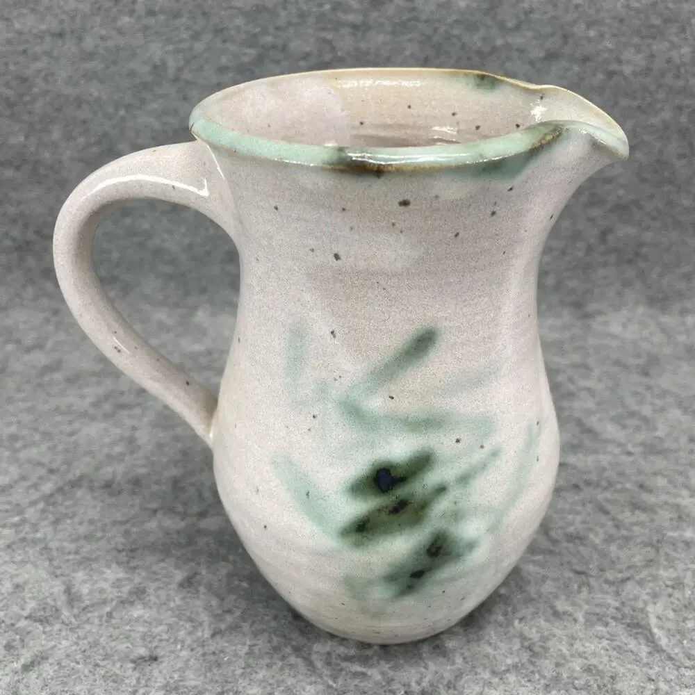 Studio Art Pottery Stoneware Pitcher Green White Teal Glaze Signed 6.25 in tall